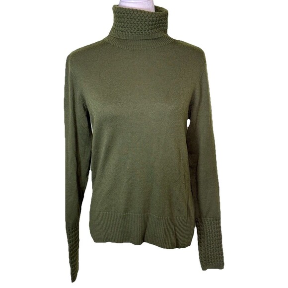 Women’s Green Wool Turtleneck Sweater Textured Knit Cuffs Cozy Minimalist Sz Lg - Picture 1 of 8